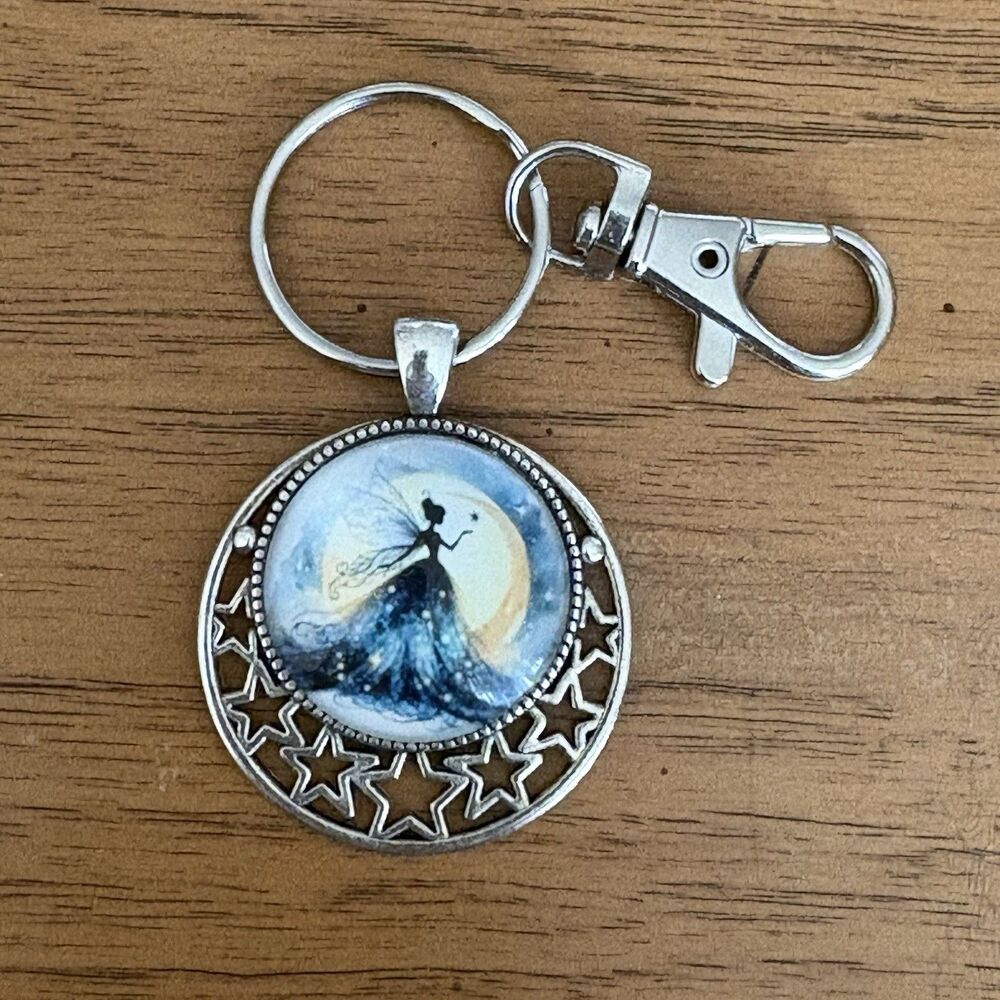Fairy Keychain Silver Tone Stars Whimsical Whimsigoth Gothic Fairycore